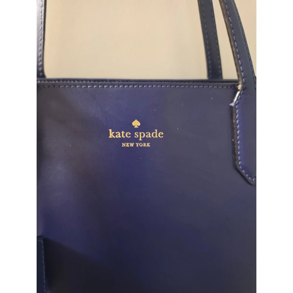 Kate Spade New York Navy Blue Leather Tote Bag Shoulder Purse Gold Logo